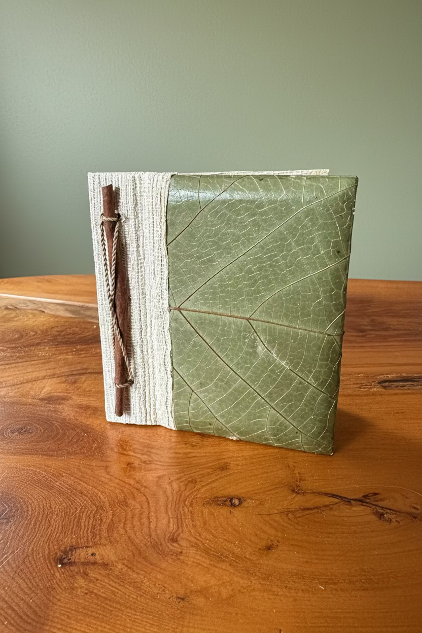A handmade, square, green notebook with a leaf-like embossed cover and a cinnamon stick hinge.