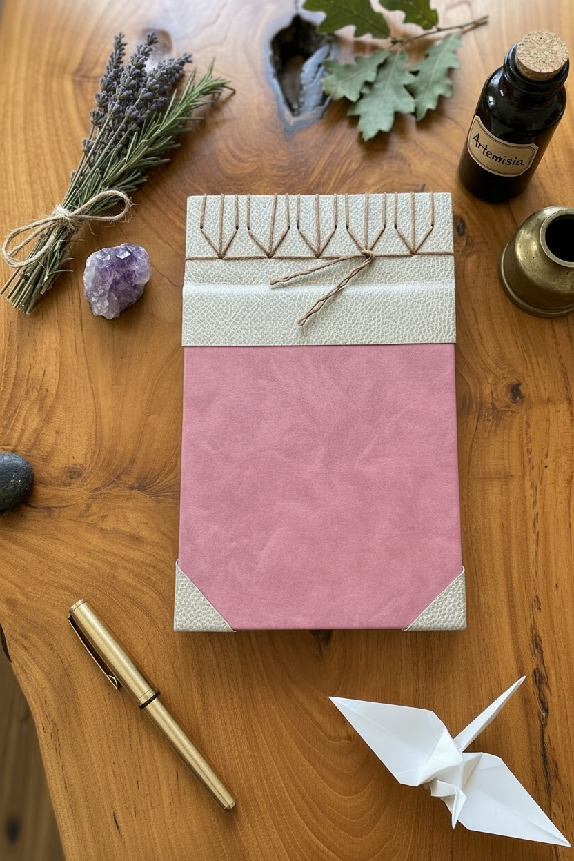A pink journal or notebook with a textured cover, decorated with a cream band and twine, displayed on a wooden table surrounded by natural and craft props including dried lavender, amethyst, beads, a spoon, and a small bottle.